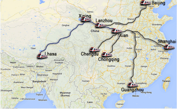 Tibet Train Route from Chinese Cities
