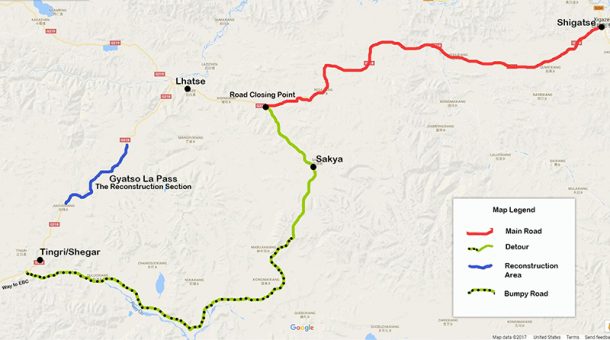 Google Map of the detour from Sakya to Shegar/New Tingri