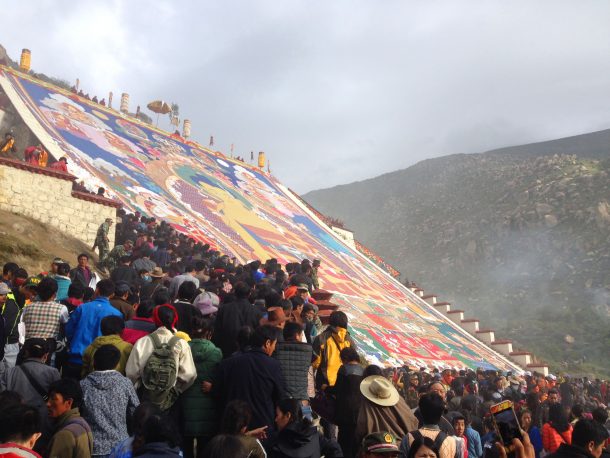 The giant thangka on display at Drepung Monastery for Shoton Festival