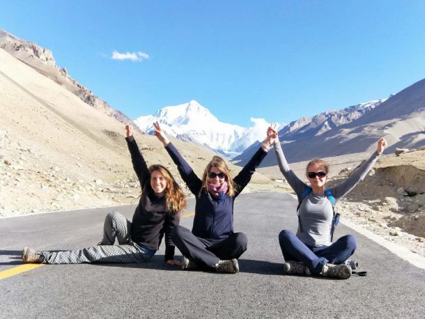 Tibet Group Tour Members at the Mt Everest Base Camp with 5100m from the Sea Level