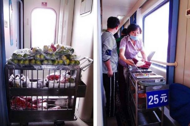 Meals snacks and fresh fruit from the food trolley on the Tibet train