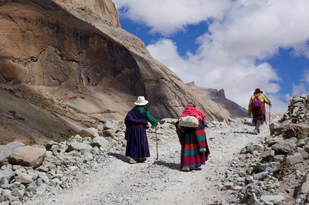 Tibetan pilgrims performing the kora around Mount Kailash