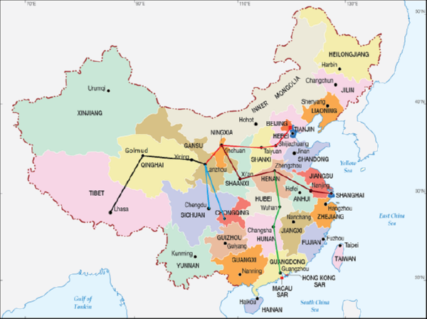 The train routes from mainland China to Lhasa