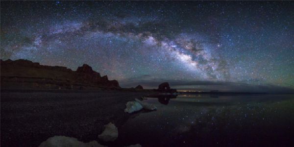 The huge arch of the Milky Way from the lakeshore at Lake Namtso