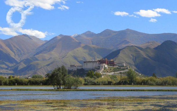 A beautiful view of Potala Palace in summer from the Lalu wetland in Lhasa.