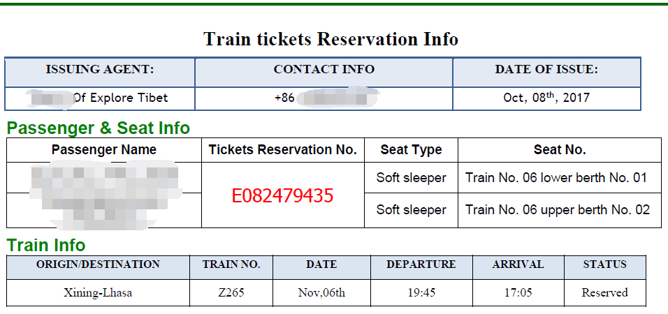 Explore Tibet train ticket itinerary