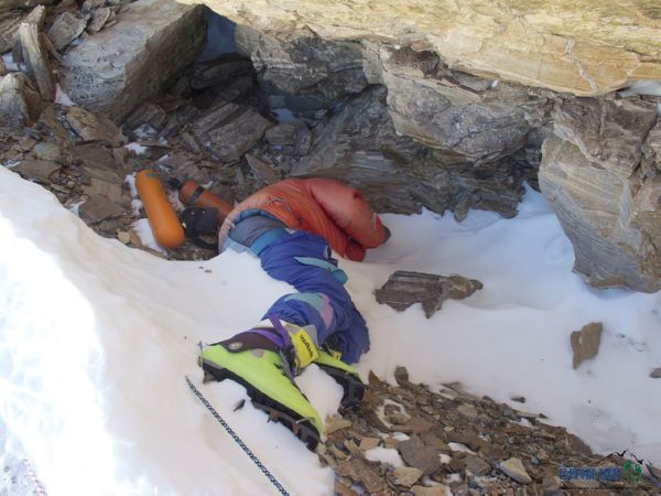 Green Boots, believed to be Indian climber, Tsewang Paljor, in his cave on the higher slopes of Mount Everest since 1996.