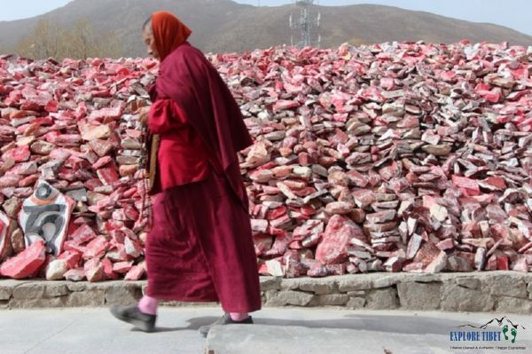 A mound of painted Mani Stones from Xinzhai Village in the former Amdo Region.