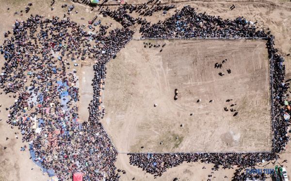 An aerial photo of the bullring in Tsesha Township of Shigatse