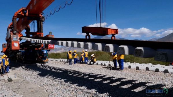 Sections of tracks being laid along the Lhasa Nyingchi Railway