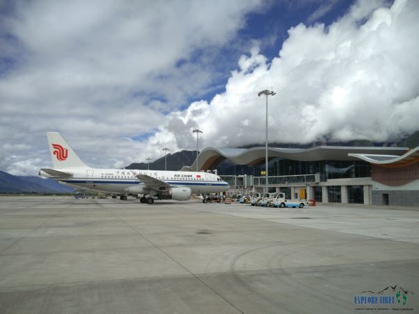 An Air China flight parked for boarding at the Mainling Airport in Nyingchi, Tibet