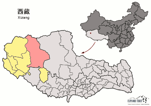Location of Gêrzê County (red) within Ngari Prefecture (yellow) and the Tibet Autonomous Region